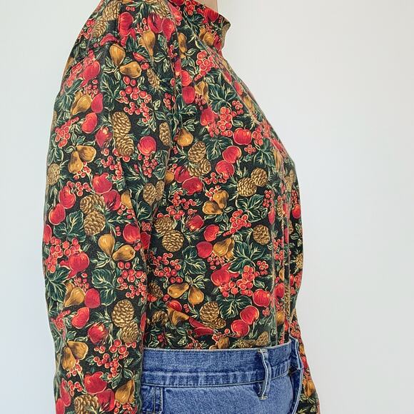 Talbots Mock Neck Turtleneck Long Sleeve Top M Pinecones Apples Pears - Picture 6 of 7